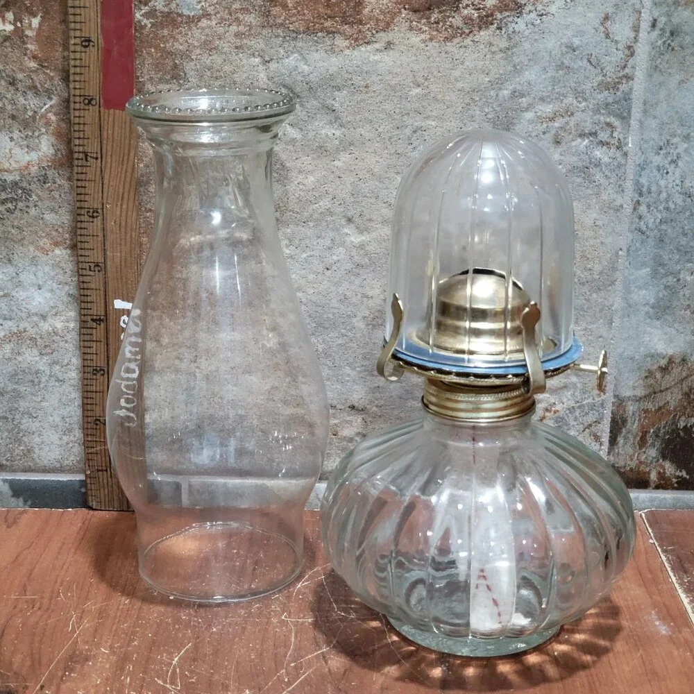 Vintage Golden Globe Clear Glass Kerosene Oil Lamp Ribbed Base